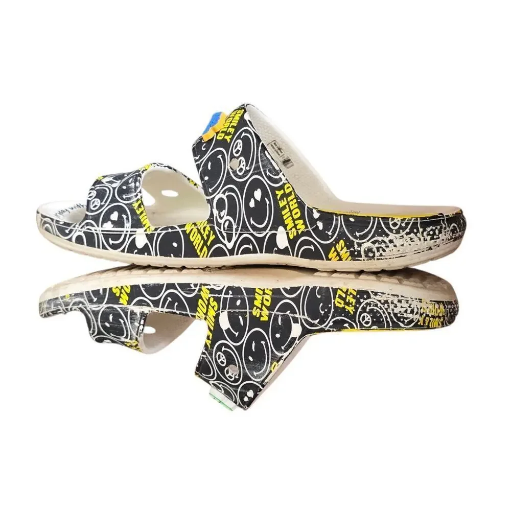 Crocs Smiley World Sandal Slide White Black Yellow Double Strap Mens Size 12